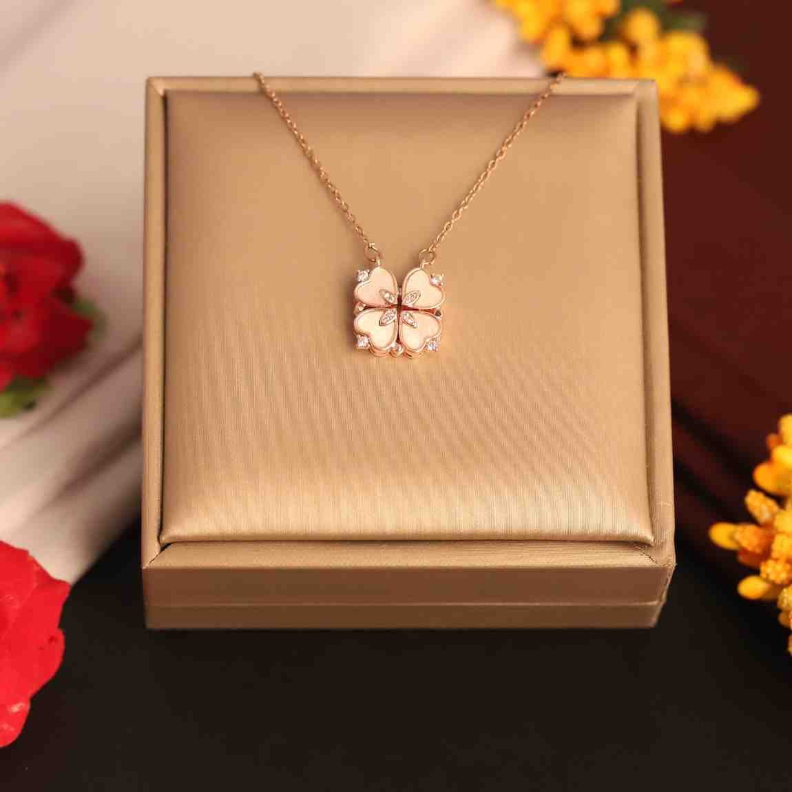 Rose Gold Plated Four Clover Heart Magnetic Necklace – Dual Style with MOP Heart & Butterfly